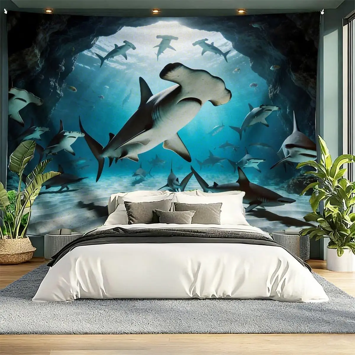 Blue Ocean Shark Tapestry Crowd of sharks In Cave Undersea Deep Abyss With Blue Sunlight Landscape Wall Hanging for Bedroom
