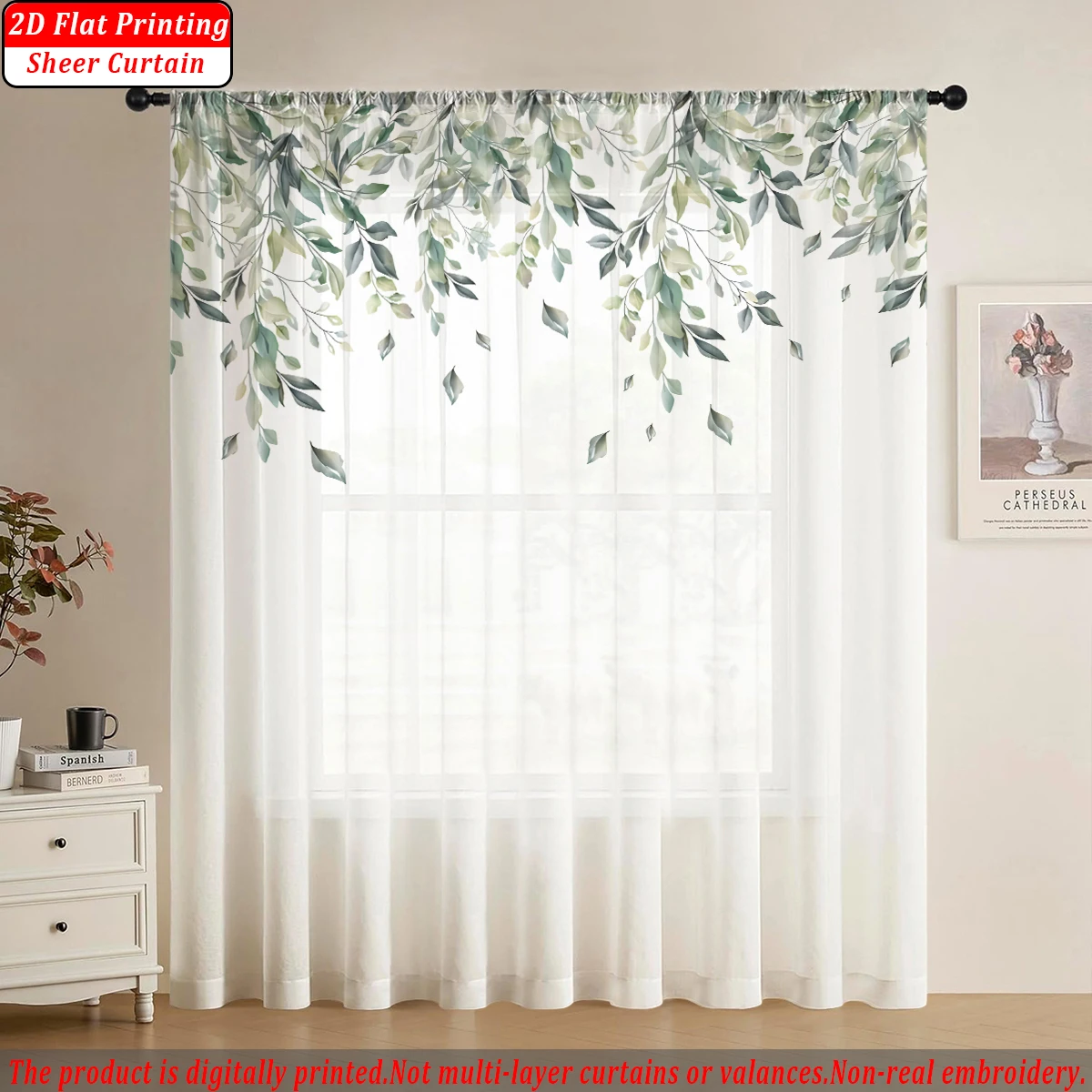 Green Plant Branches Leaves Flat Printing Sheer Curtain，Light Fabric，for Living Room Bedroom Home Door and Window Decor
