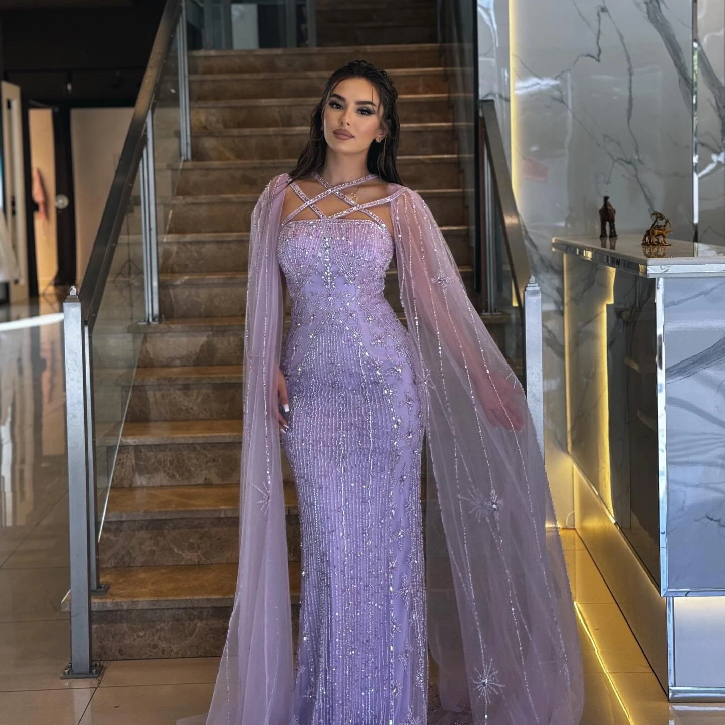 Sharon Said Dubai Fuchsia Mermaid Evening Dresses with Cape Sleeves Aqua Criss Cross Lilac Wedding Party Gown SS391 Customized