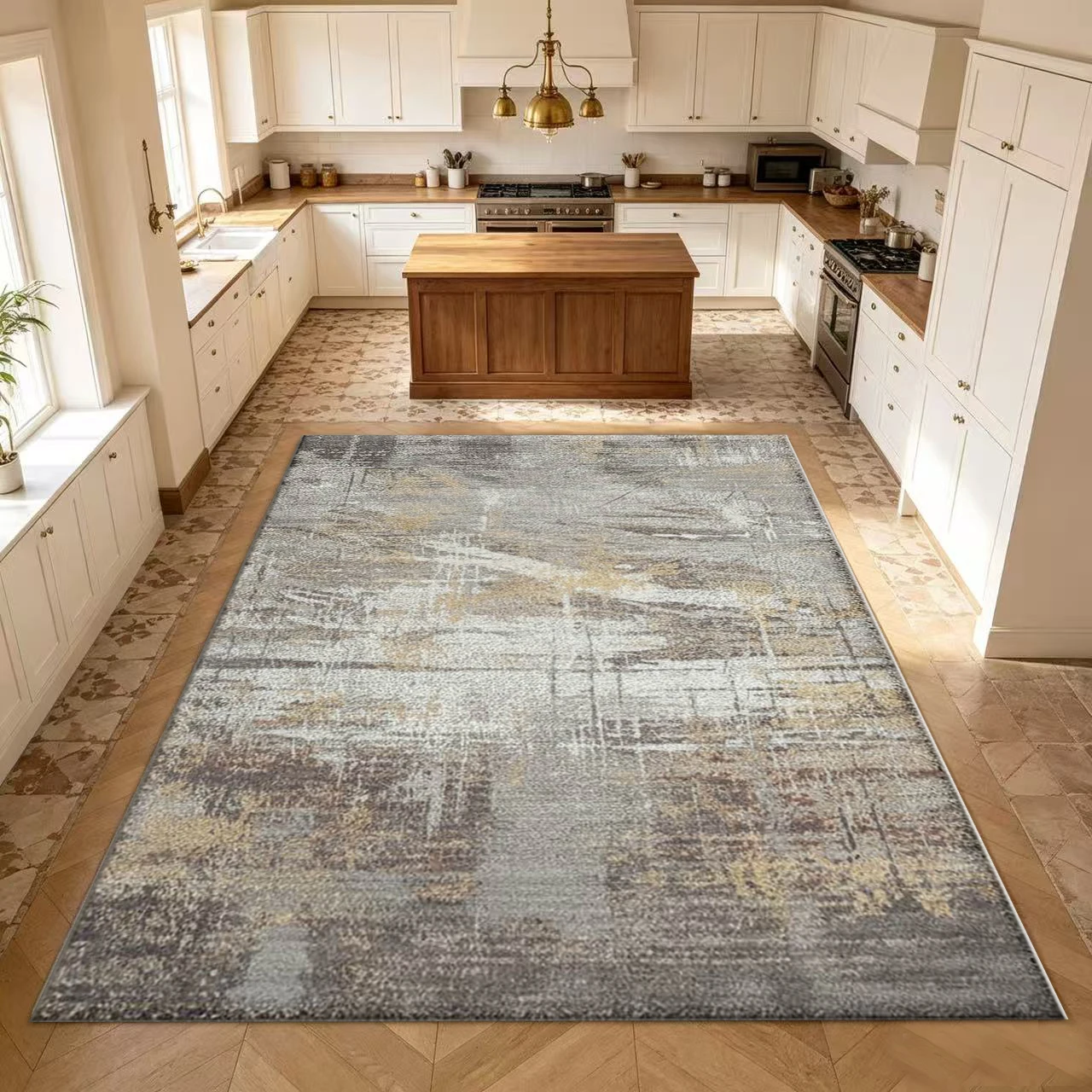 Gray and Gold Abstract Brushstroke Pattern Carpet Modern Distressed Texture Carpet Indoor Living Room Rug