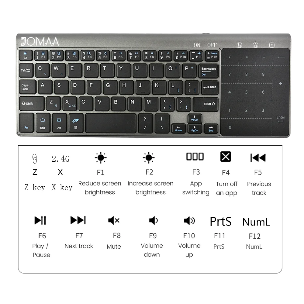 JOMAA 2.4G+Bluetooth Keyboard with Touchpad Mouse Numberic Pad Wireless Keypoard for iPad Tablet Smart TV Computer