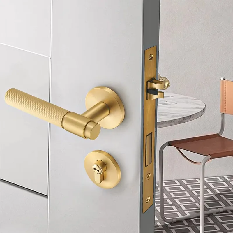 Modern Striped Brass Door Lock Set with Privacy Access False Handle for Bedrooms American Standard