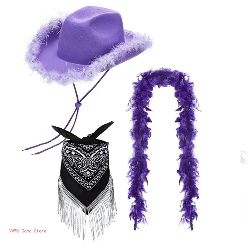 3pcs Adult Boas Fringe Kerchief Cowboy Hat Set Carnivals Sunproof Woman Cowboy Hat with Rolled Up Brims for Carnivals