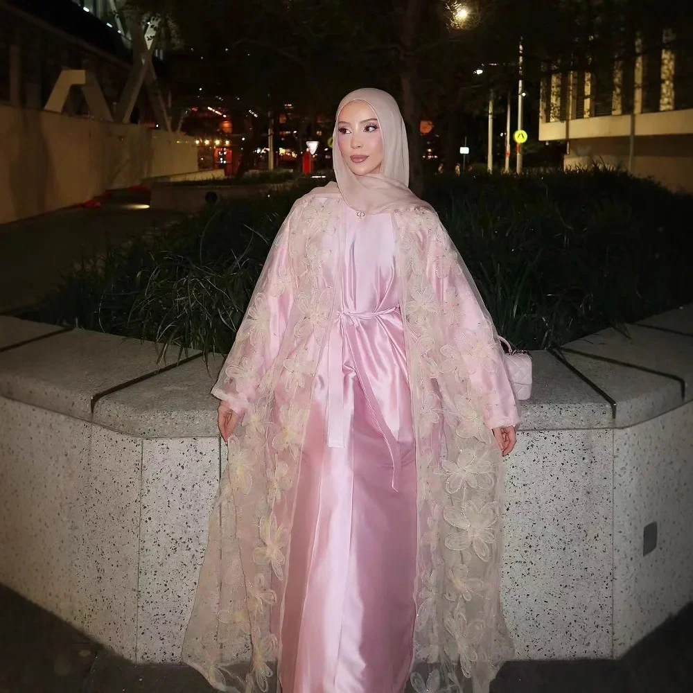 

Eid Pink Embroidery Abayas for Women Muslim Dress Dubai Open Abaya Turkey Kaftan Kebaya Kimono Cardigan Islam Clothing Jalabiya