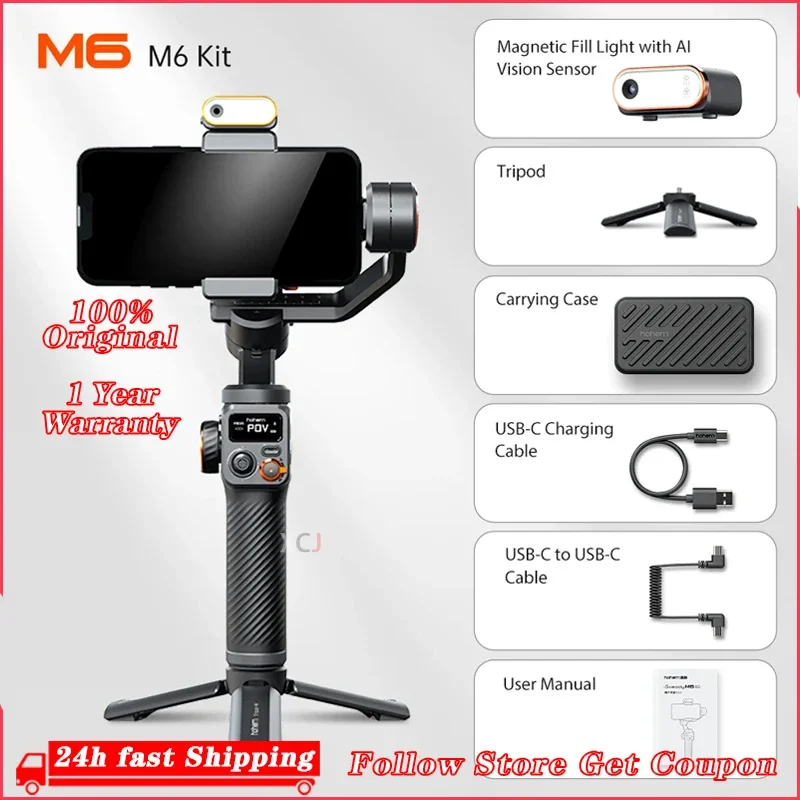 Hohem iSteady M6 3-assige gimbal-stabilisator Opvouwbare selfiestick met APP-bediening en magnetisch invullicht voor smartphone mobiele telefoon