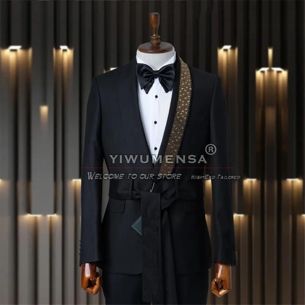 Black Wedding Suits For Men Crystals Beading Jacket Pants 2 Pieces Groom Tuxedos Custom Made Male Fashion Clothing Costume Homme