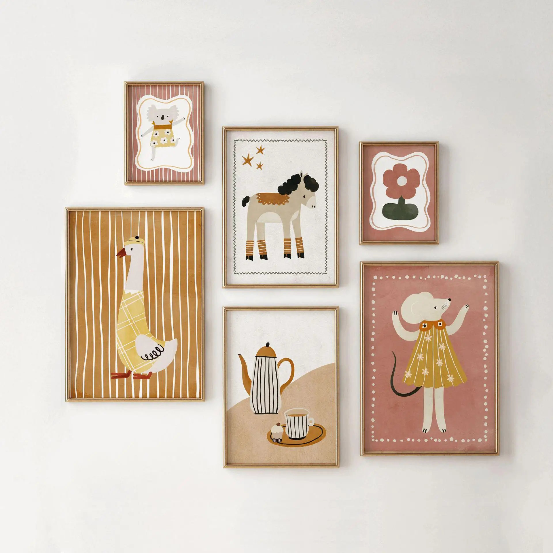 Boho Neutral Cartoon Animal Canvas Prints, Cute Farm Duck Horse Wall Art, 6 Piece Unframed Poster, Kids Nursery Decor