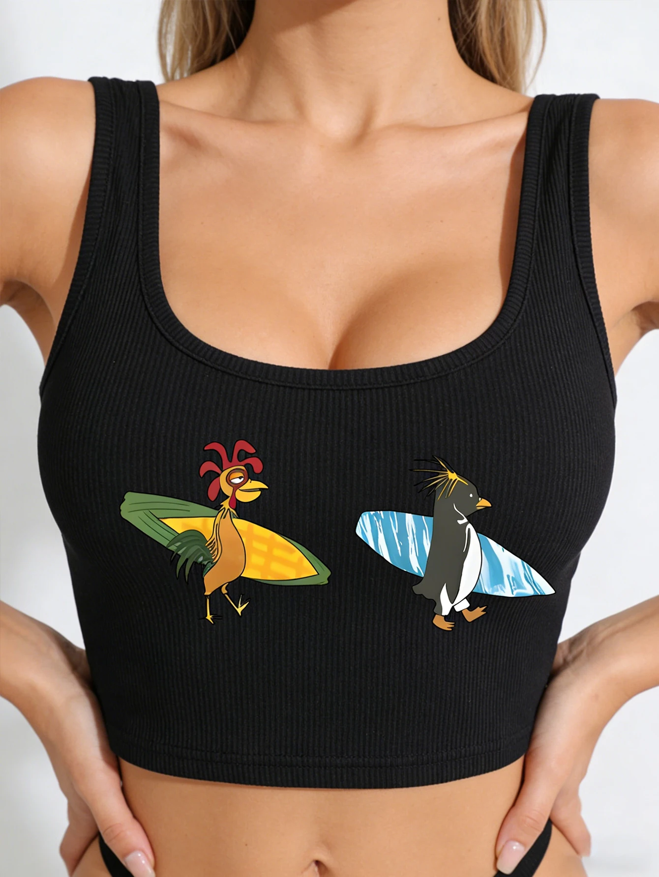 Modisches Damen-Oberteil ohne Ärmel - Cartoon-Print Regular Fit Kurzärmelige Off-Shoulder Bluse
