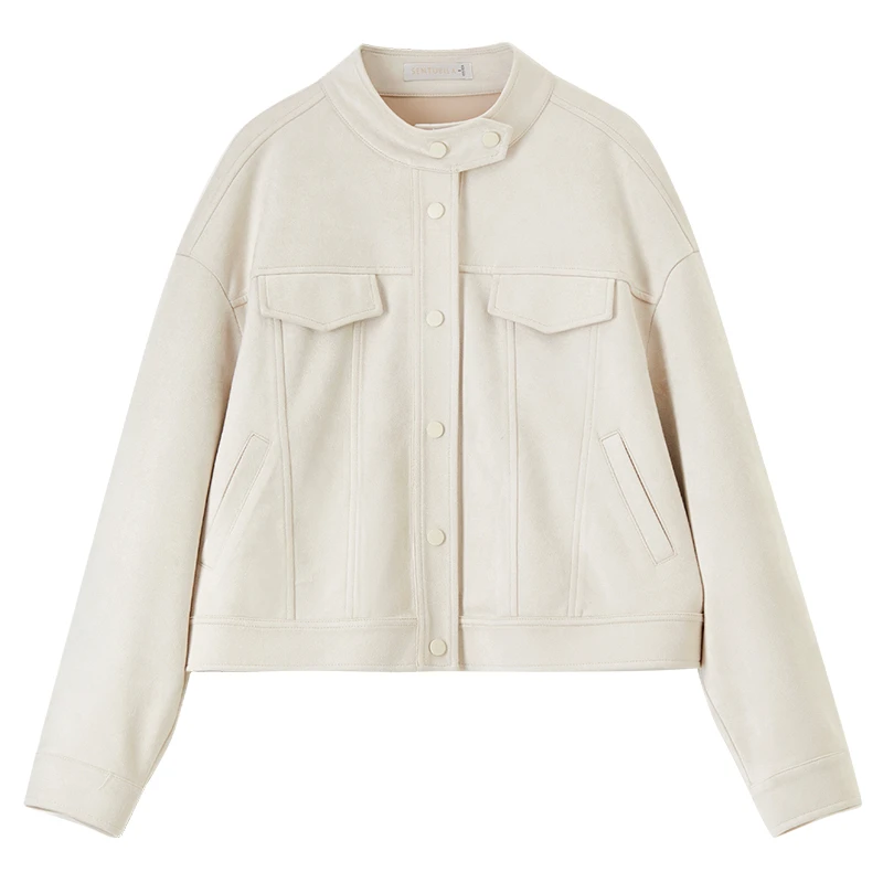 SENTUBILA 여성용 스웨이드 가죽 자켓 2026 봄 스탠드 칼라 드롭 숄더 봄버 자켓 코트 여성용 아우터 153WB2263