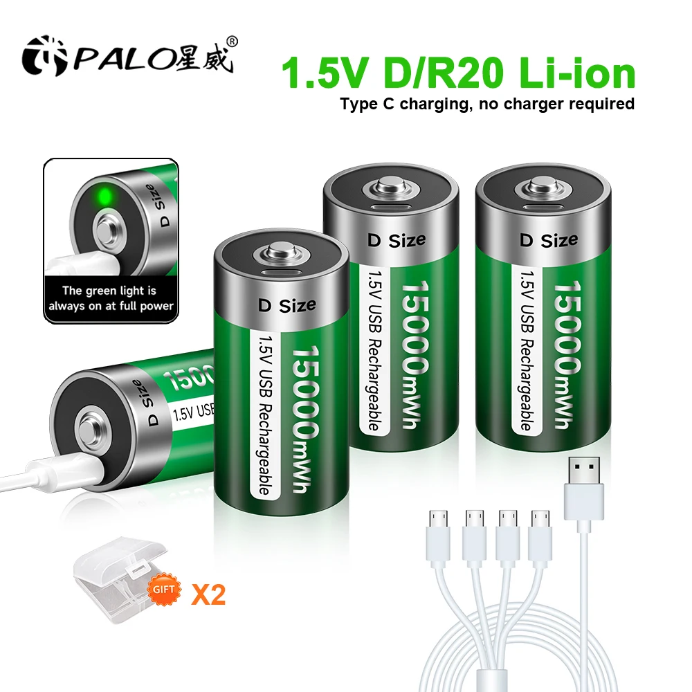 1,5V D-Größe Wiederaufladbare Batterie 15000mWh LR20 USB-Ladung Lithium-Ionen-Batterien D-Zelle für Gaskocher, Warmwasserbereiter, Taschenlampe