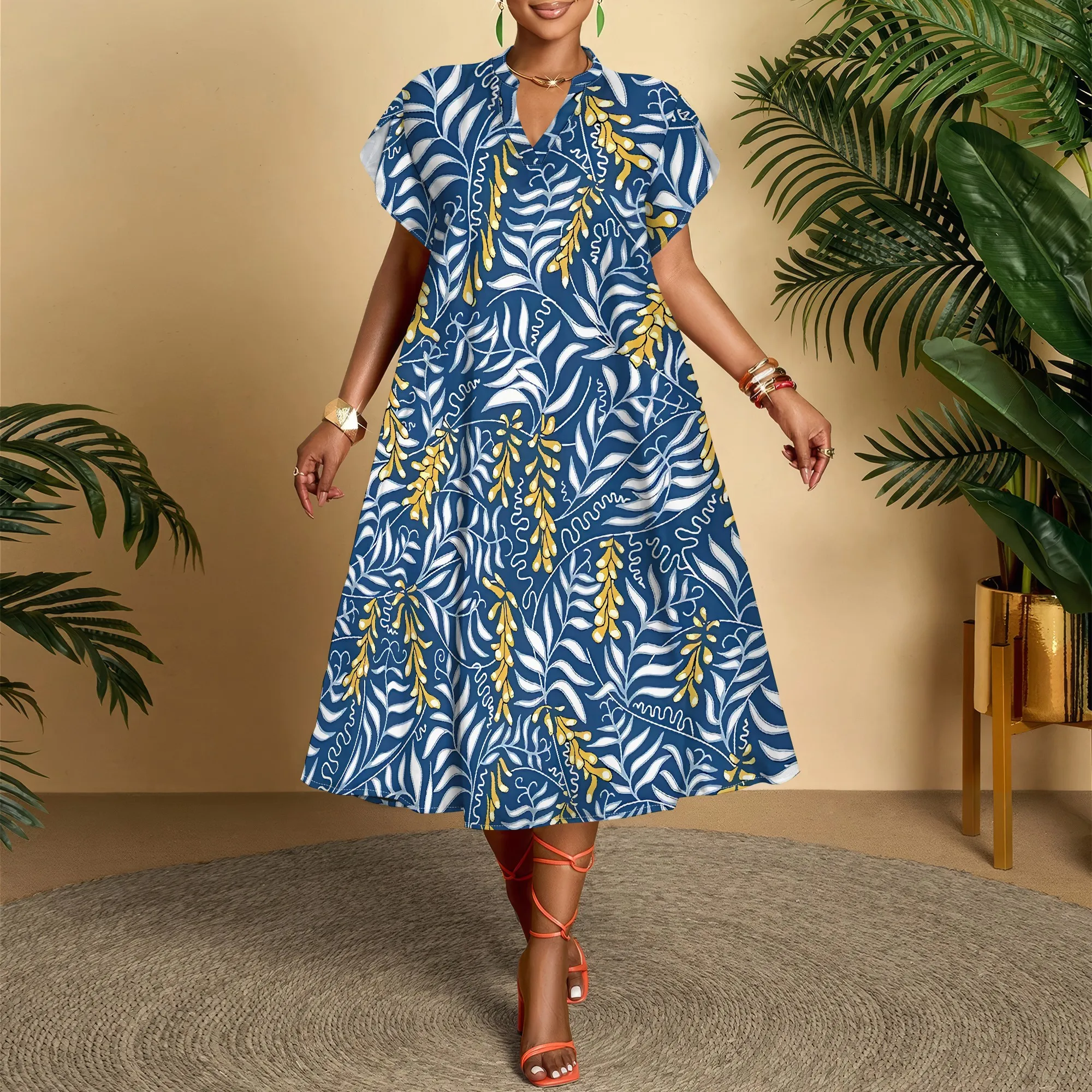 

Nupusa Leaf & Ear Print Dress for Women Regular Size Summer Casual V Neck Short Sleeve Midi Dress