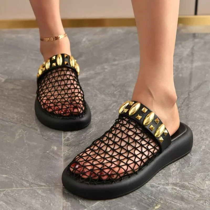 

2026 New Hollowed Out Breathable Toe Cap Half Drag Thick Sole Roman Temperament Versatile Fashion Beach Slippers