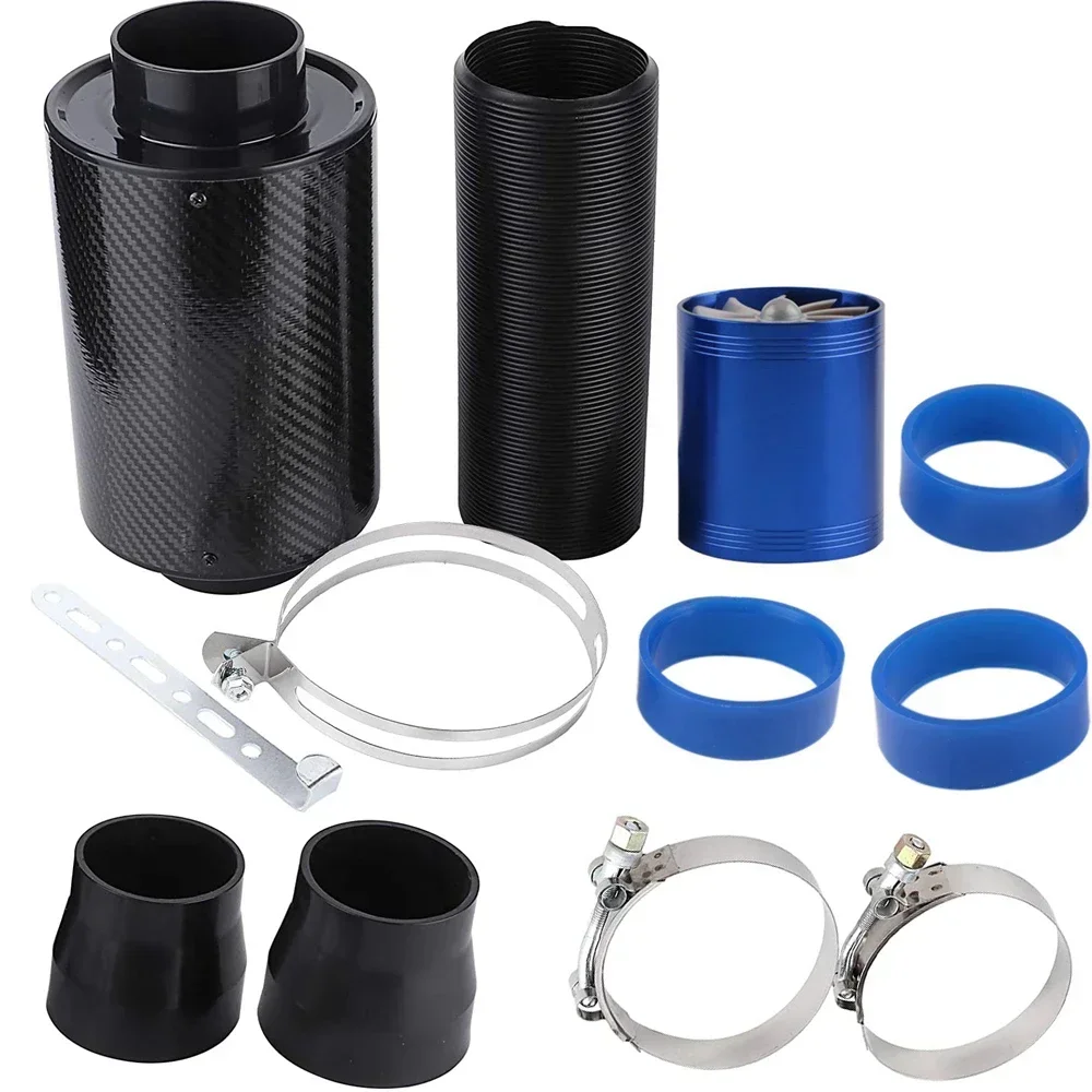 Universal Enclosed Cold Air Intake Pipe Hose Kit, Carbon Fibre Air Filter Bellows Adapter With Intake Fan