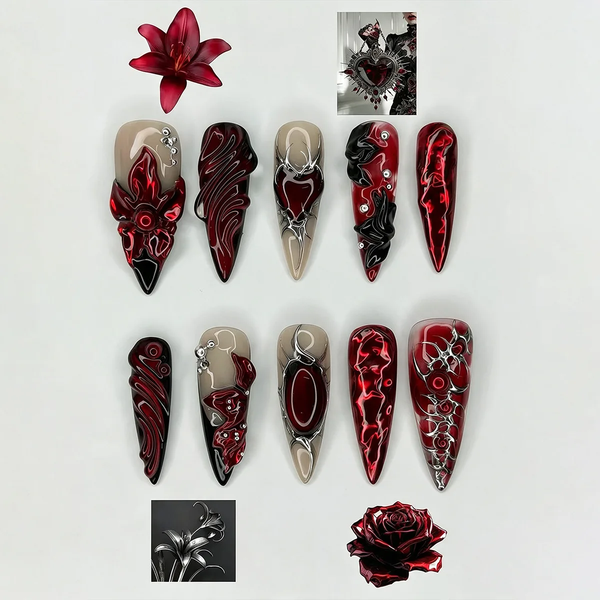 24Pcs Blue Cat's Eye Long False Nails Press on 3D Metal Hollow Out Design Finger Nail Full Cover Stiletto Reusable Manicure Tips