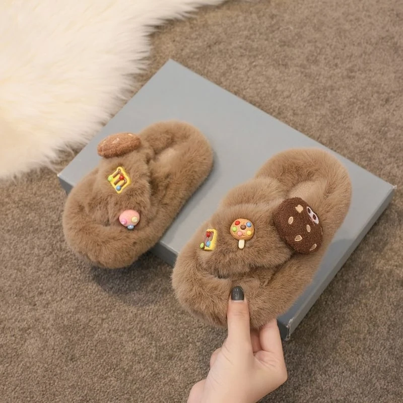 Girls Warm Furry Cross Open Toe Slippers 2026 Autumn Winter New Style Thickened Outdoor Wear Cotton Slippers