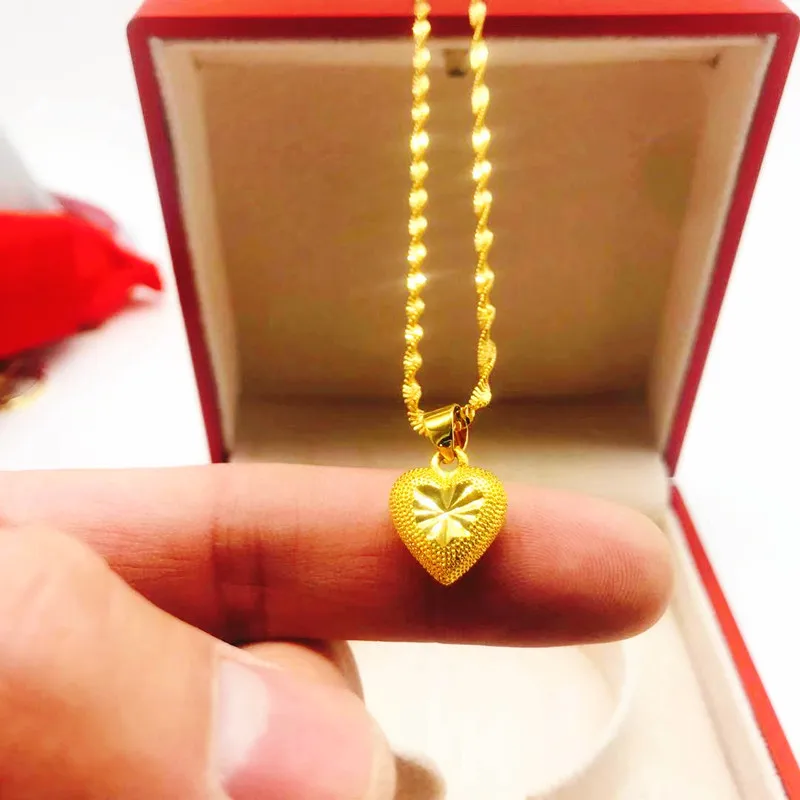 14k Gold Color Solid Big Peach Heart Pendant Water Wave Chain Retro Classic 4K Gold Love Necklace Birthday Valentine's Day Gifts