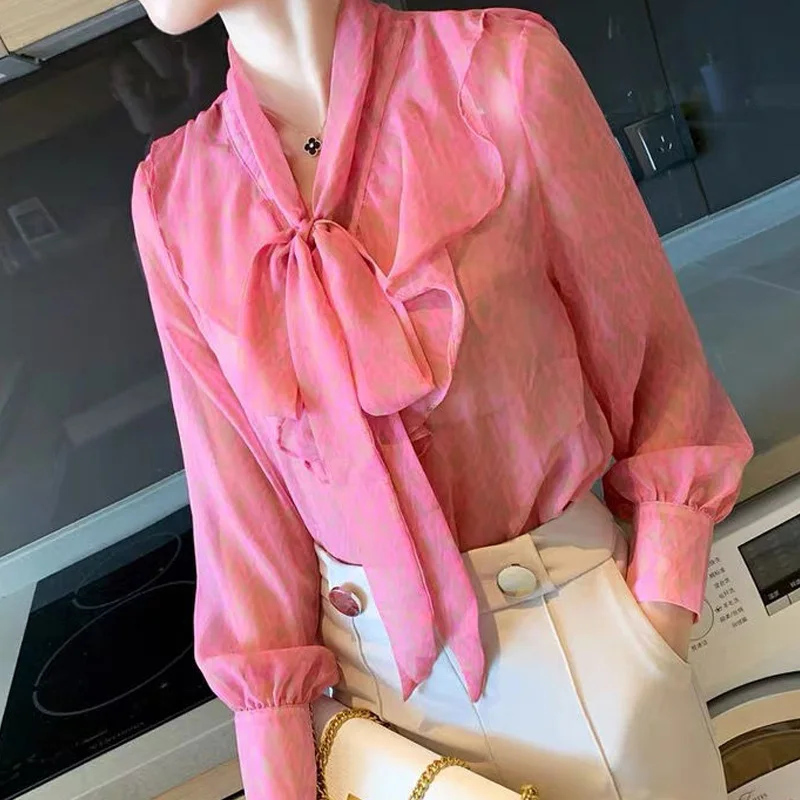 2024 New Elegant Long Sleeve Office Lady Shirts Ladies Solid Color Temperament Blouses Summer Loose Chiffon Women\'s Clothing