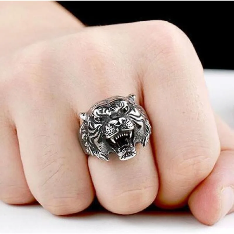 1 Piece Men Vintage Personality Domineering Tiger Head Ring Animal Head Open Finger Ring Fashion Jewelry