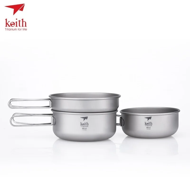 

Ti6053 3-Piece Titanium pot and Pan Cook Set Outdoor Camping Picnic Tableware Plates Cookware