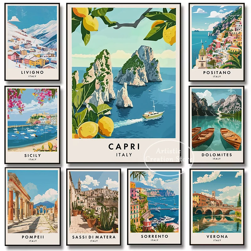 Watercolor Italy Travel Italian Cities Amalfi Coast Alberobello Capri Tour Aesthetic Poster Canvas Wall Art Pictures Home Decor