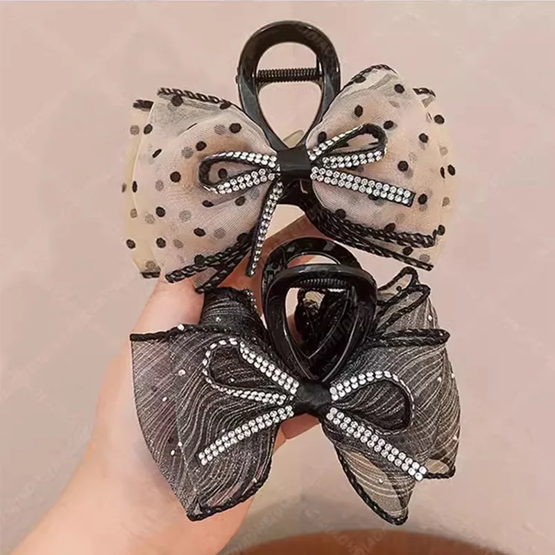 Elegant Rhinestones Chiffon Dot Bow Hair Claw For Women Girls Sweet Hair Ornament Hair Clips Hairpin Fashion Hair Accessories