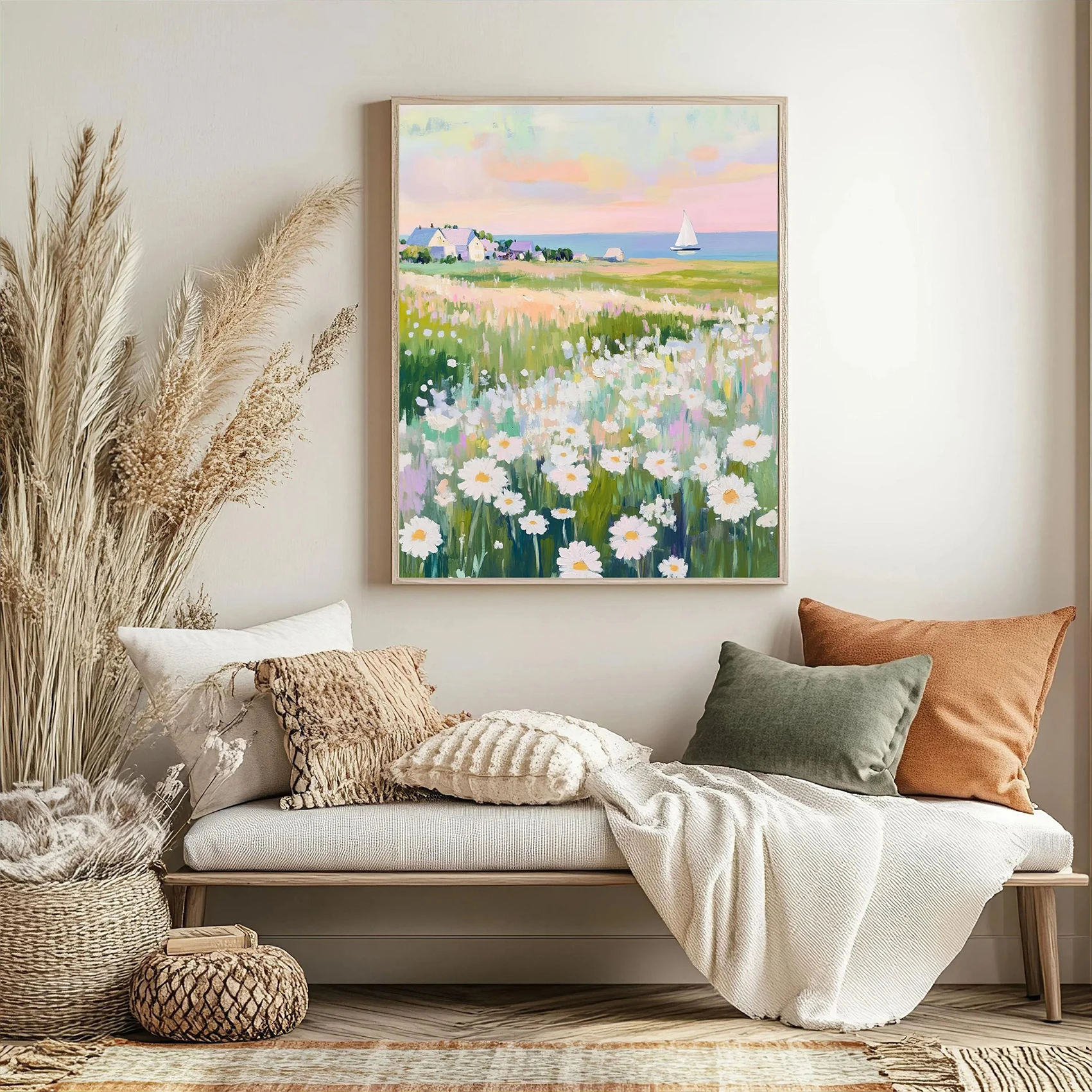 

Pastel Wildflower Field Art Poster,Coastal Farm Print,Home Decor,Rustic Floral Oil Painting Style Canvas Print,Gift for a Girl