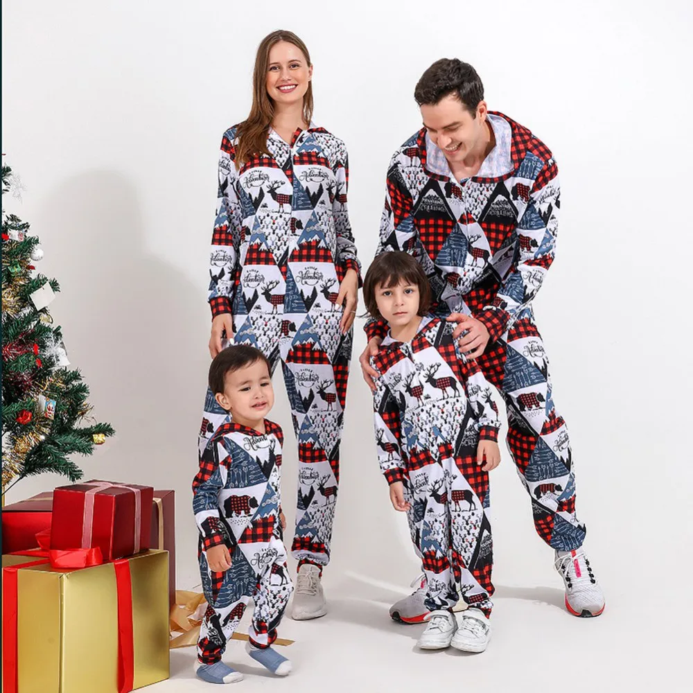 Christmas Family Matching Outfits Set Cartoon Elk Plaid Printed Pajamas Hooded Adult Kids Family Sleepwear Xmas Clothes Suit