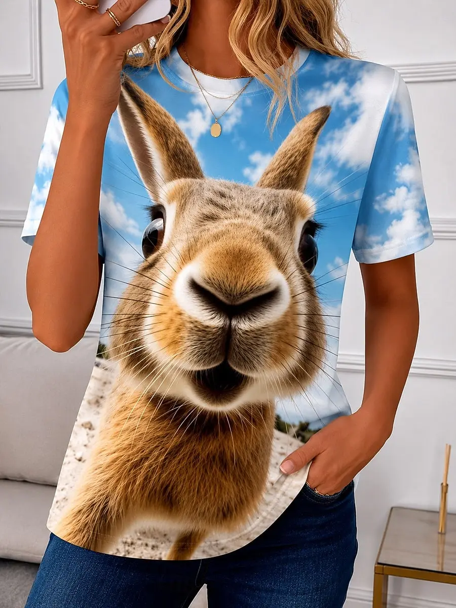 Women's Spring Summer 3D Printed Crew Neck Tee, Blue Sky White Cloud Realistic Hare Big Head Stereo Print Casual Daily Tee