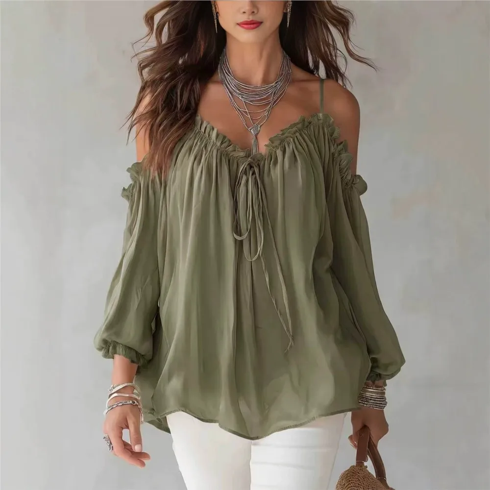Elegant Off Shoulder Blouse Ruffled V Neck Lace Up Puff Sleeve Chiffon Shirts Loose Casual Summer Fashion Women Long Sleeve Top