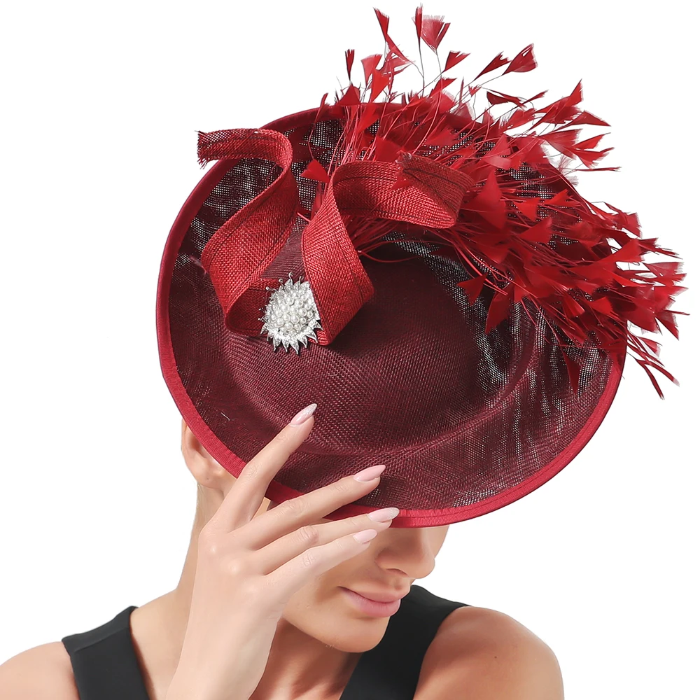 Imitation Sinamay Dish Fasciantor Hat With Fancy Feather Fedora Cap Women Wedding Party Ladies Headpiece Hairpin Fancy Flower