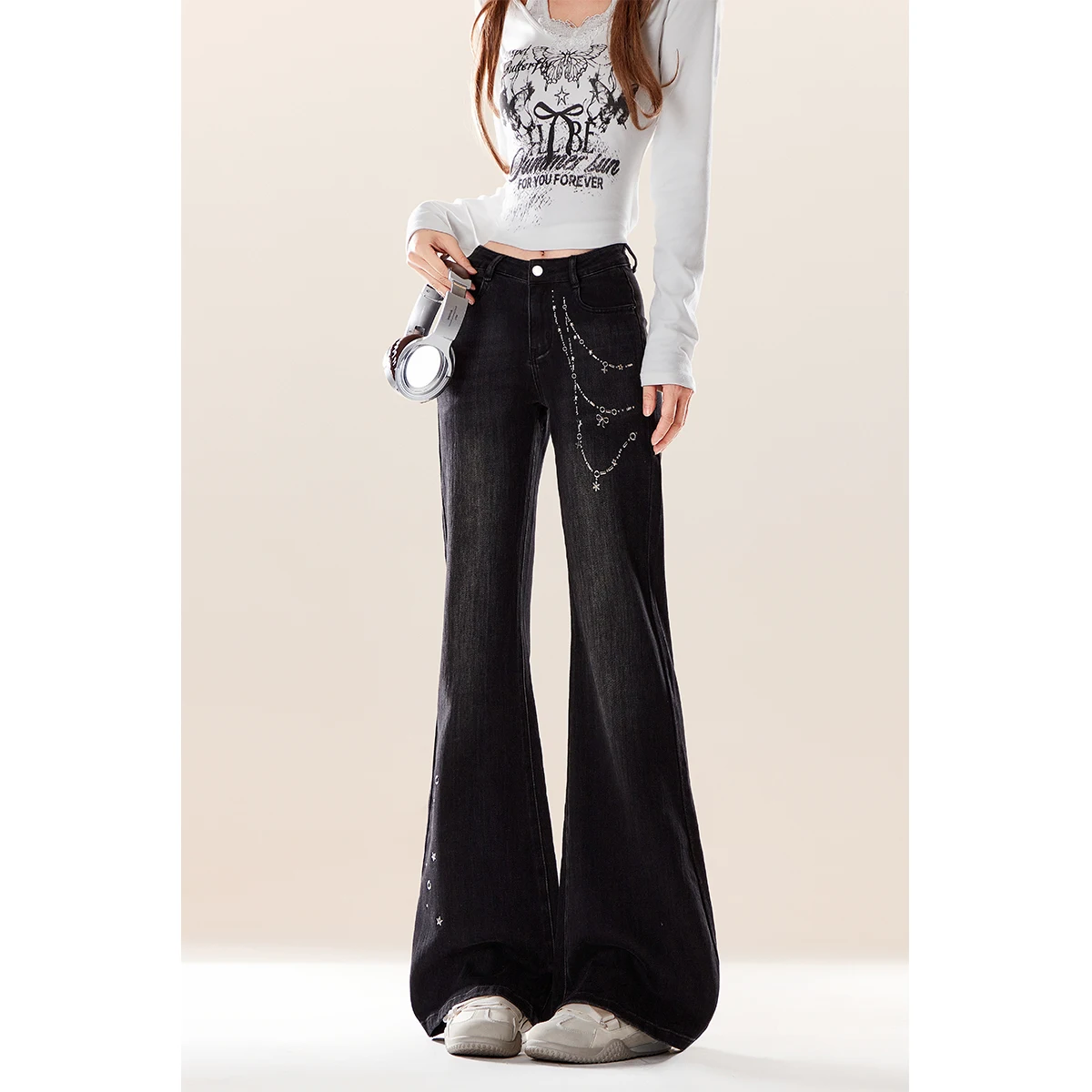 

Women's Y2K High Waist Flared Jeans Zipper Print Vintage Retro Trendy Streetwear Casual Denim Trousers