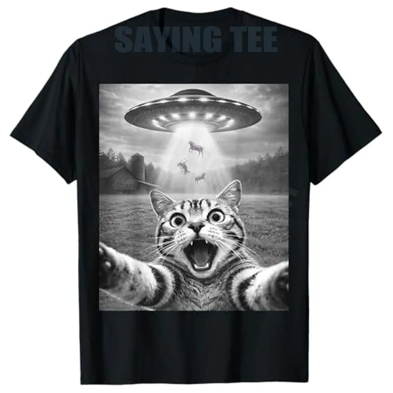 2026 Neue Jungen-Mode UFO Sci-Fi Alien Kätzchen Grafik T-Shirt Y2k Alien Katze Selfie UFO Neuheit Geschenke Herren Lustiges Kätzchen Spruch T-Shirt