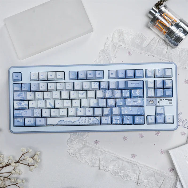 Blue keycap,127 Keys Cherry Profile Dye Sublimation PBT keycaps Chinese Calligraphy Custom Keycaps Set for 60%/65%/75%/80%/100%
