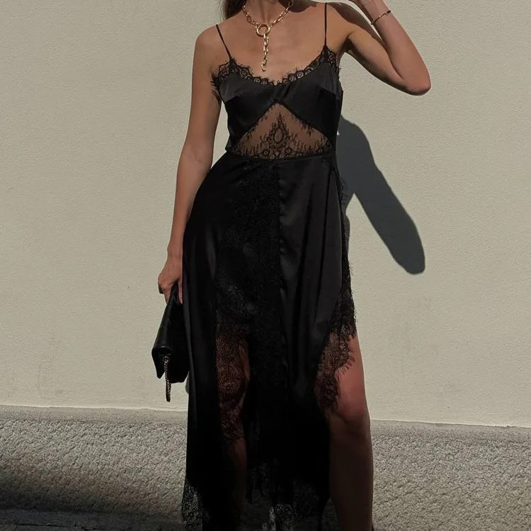 Black Satin Slip Dress Women Lace Patchwork Backless Cami Maxi Dress Sexy See Through Gothic Summer Evening Party Vestidos