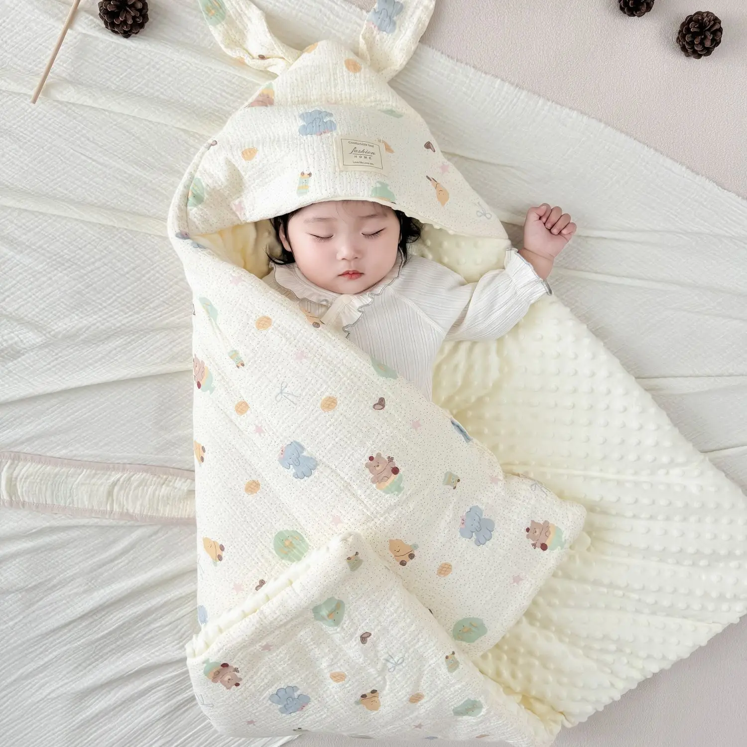 

INS Baby Swaddle Blanket, Spring Autumn 100% Cotton Newborn Receiving Blanket, Winter Padded Anti-Startle Swaddle for Nursery