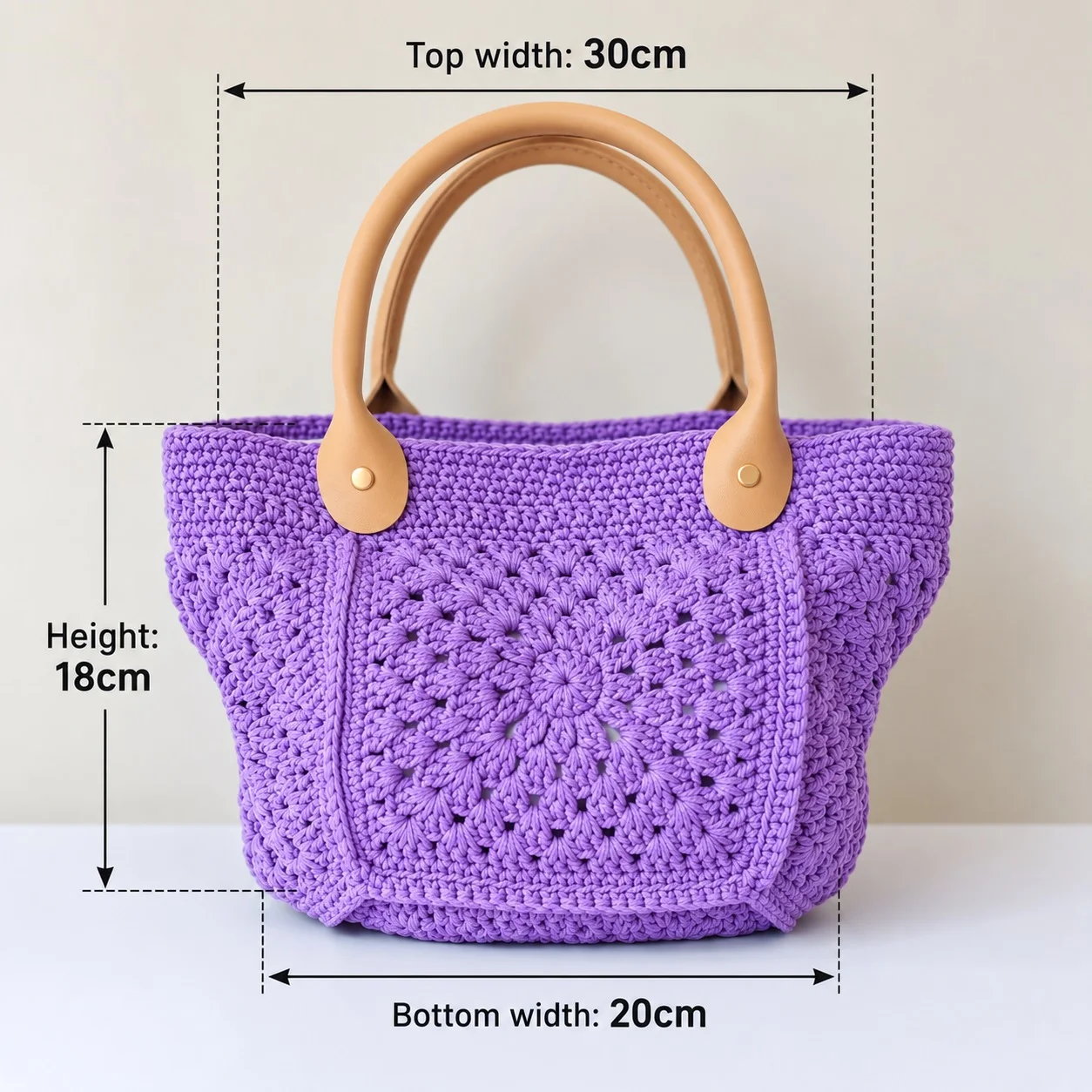 Boho Handcrafted Crochet Bucket Bag Vintage Flower Pattern Tote with Fabric Lining & Leather Handles Summer Travel Purse