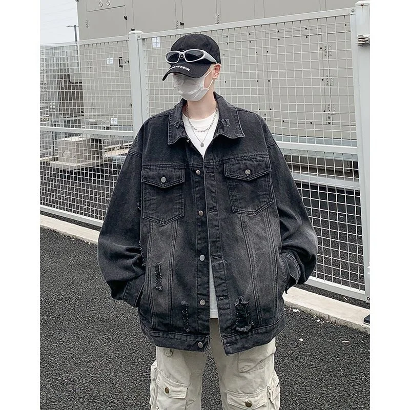 

Waed Denim Jaet Men's Spring Autumn Loose Fit Hole Design American Vibe High Street Vintage Workwear Sle Polyester