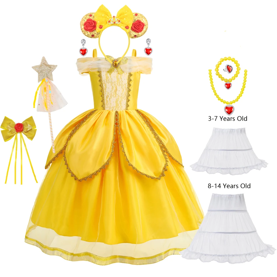 

Beauty and the Beast Yellow Flower Petal Dress Girls Belle Princess Gown Lace And 3D Flowers Off-the-Shoulder For Carnival