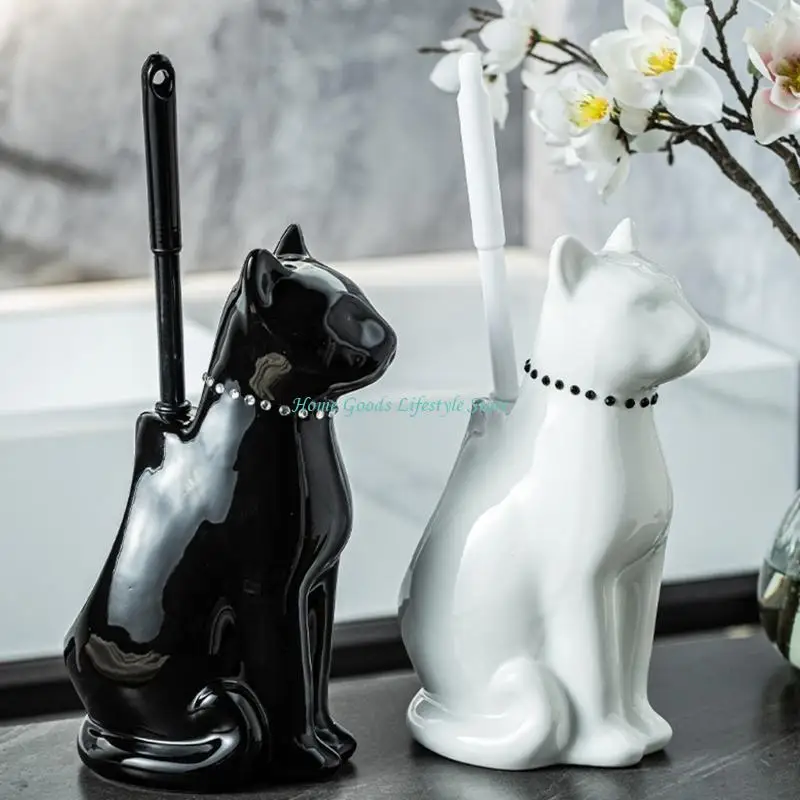 

E74E Freestanding Toilet Brush and Holder Ceramic Cats BaseToilet Bowl Brush for Bathroom Toilet Accessories Enduring