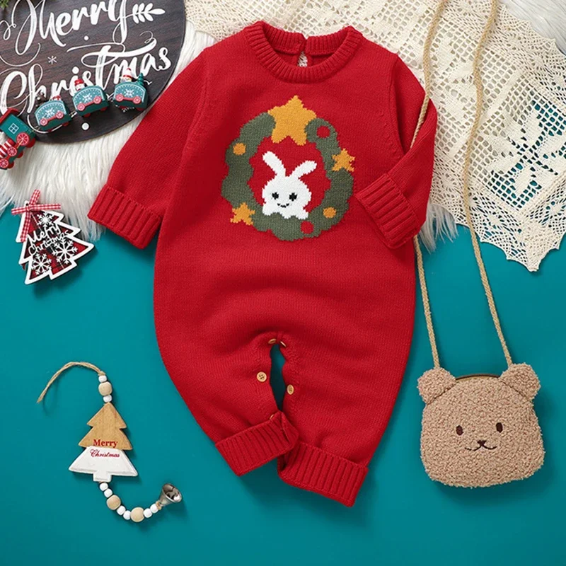 

Newborn Boys Girls Outwear Jumpsuits Red Knitted Baby Christmas Rompers Winter Long Sleeve Red Cartoon Rabbit Toddler Rompers
