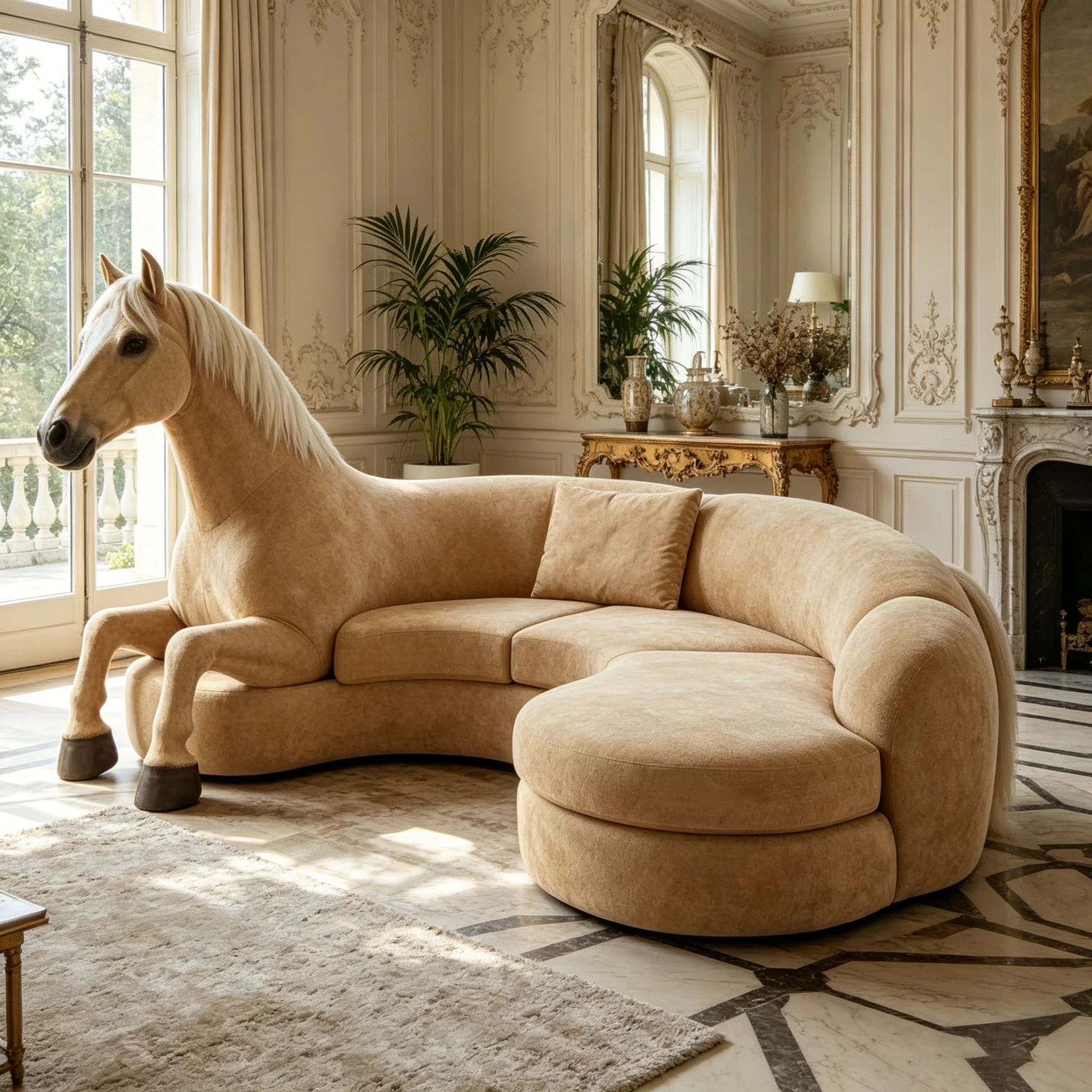 Horse-shaped curved lounge sofa with beige plush interior