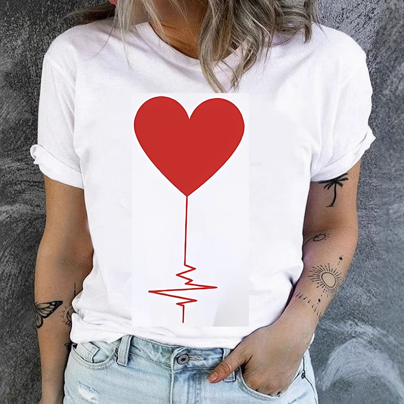 Heart Flower Love Flower Plant Print Casual Retro Spice Girls 100 Top Women T-shirt Ins Women Clothing Summer polyester fabric