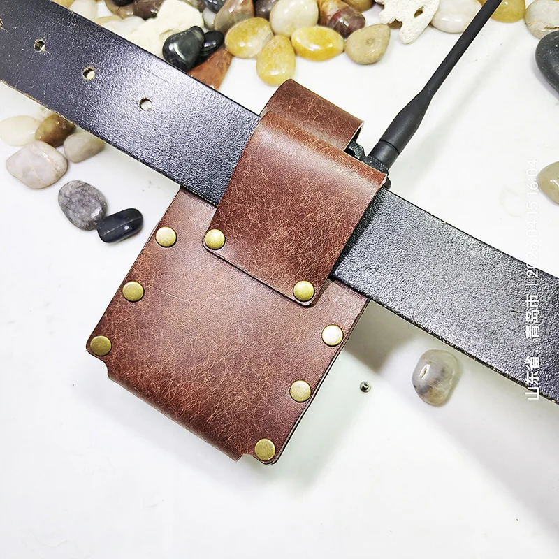 Handmade Customized Leather Belt Walkie Talkie Case Waist Bag Top Layer Leather Fully Riveted Structure MF
