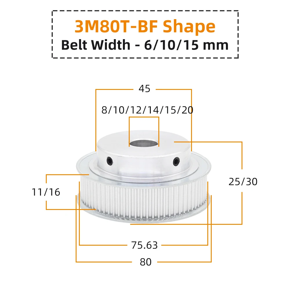 80 Teeth HTD 3M Belt Pulley Teeth Pitch 3.0 mm Arc Tooth Inner Bore 8-20 mm for Width 10/15 mm 3M Timing Belt HTD3M 80Teeth 80T