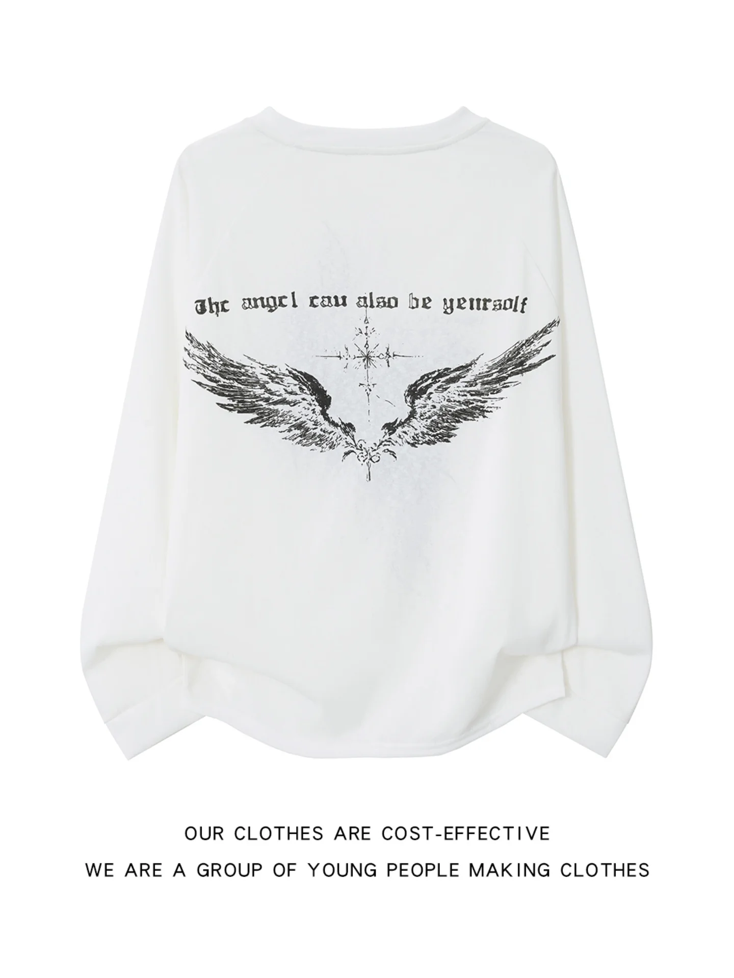 Loose Fit Long Sleeve Henry Collar T-Shirt Men's Early Autumn Angel Print Casual Top Youth Trendy Brand Shoulder Width Normal