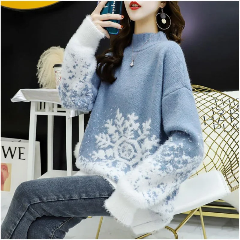 Christmas Loose Sweaters Women Thick Snowflake Knitted Pullovers Winter Vintage Soft Warm Casual Female New Jumpers