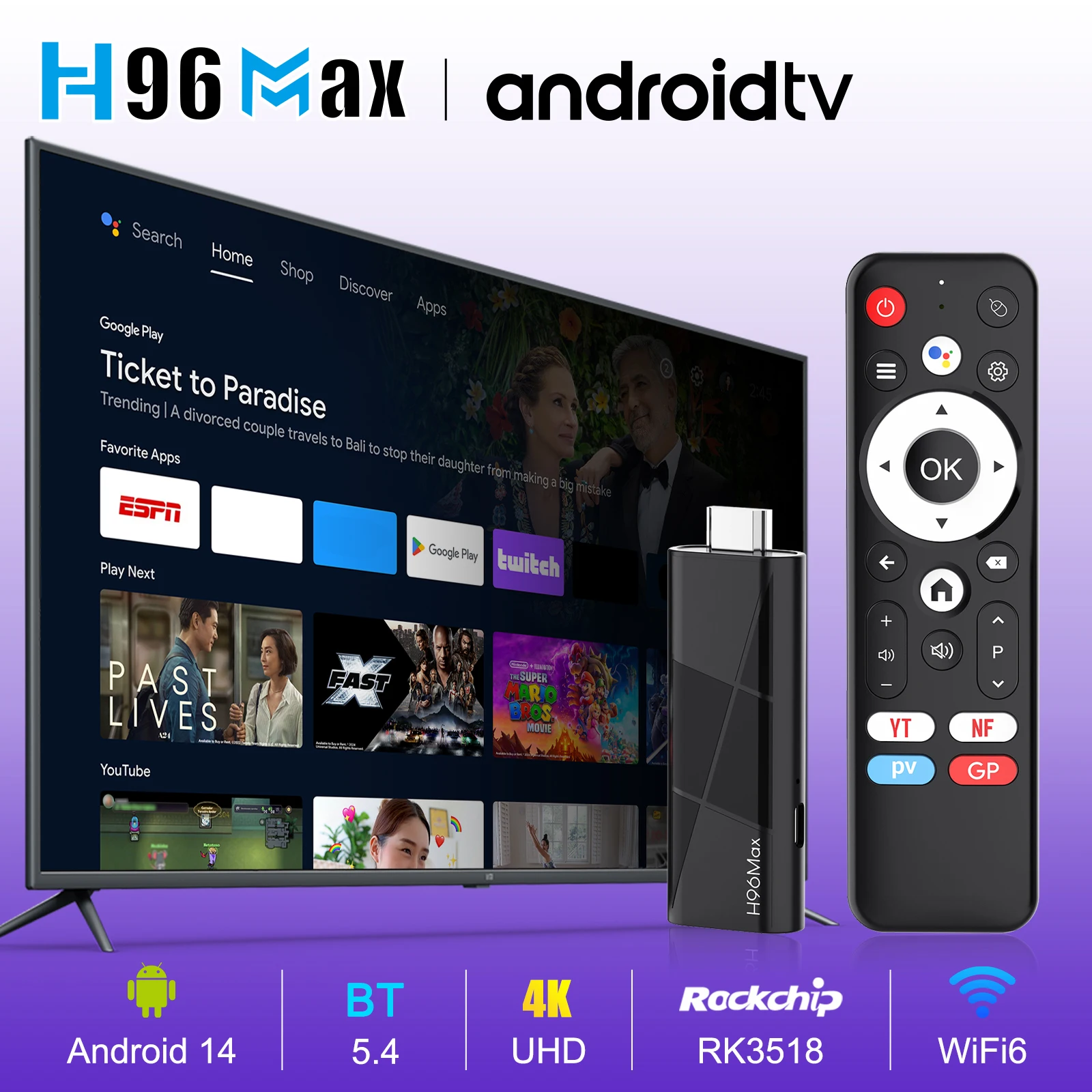 H96 MAX RK3518 BLACK Stick mini TV Box Android14.0 Wifi6 BT5.4 4KHD Dongle Ethernet Google Assistente vocale Lettore multimediale TV Stick