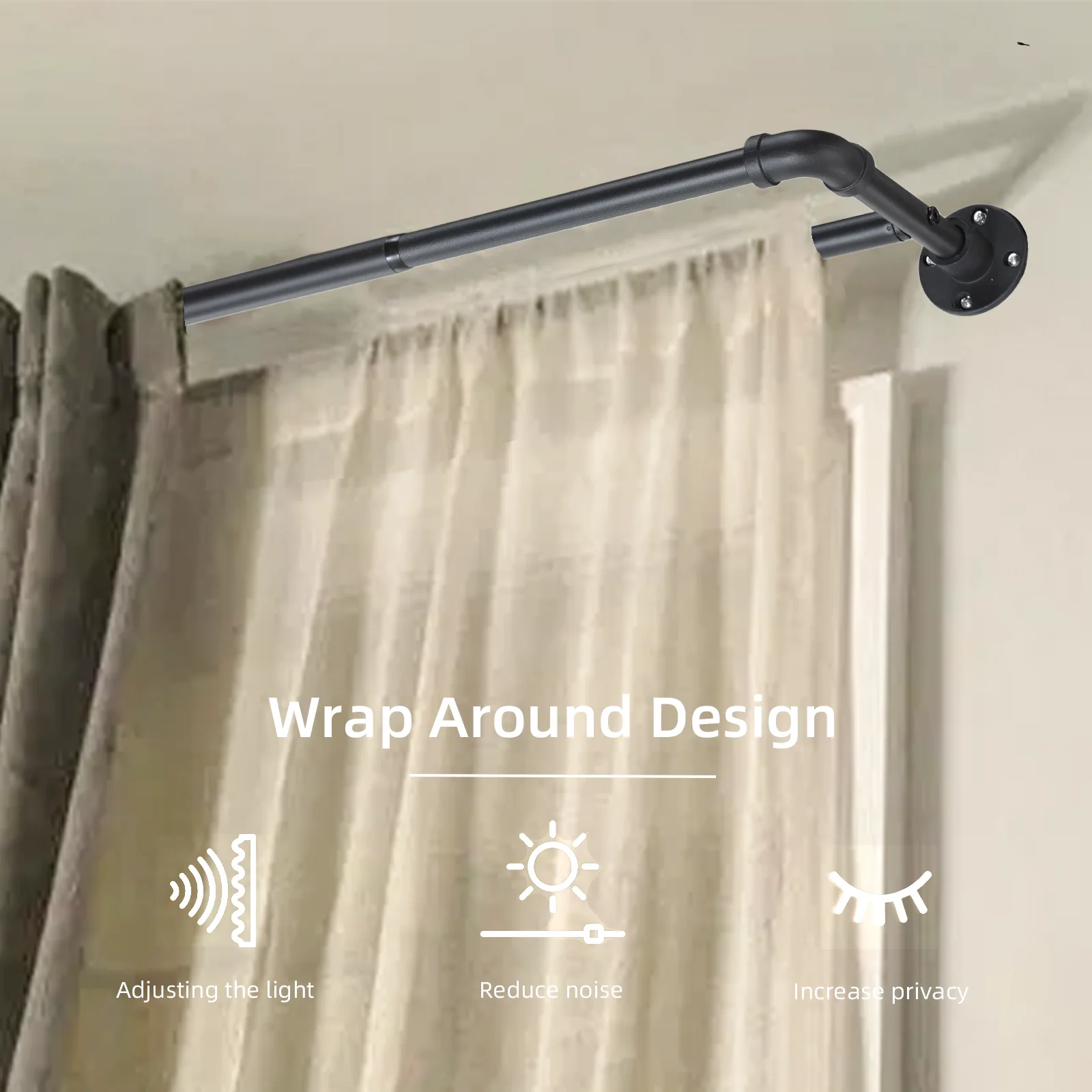 Industrial Double Curtain Rods for Windows, Adjustable Telescoping 1 Inch Black Double Curtain Rod Set Heavy Duty