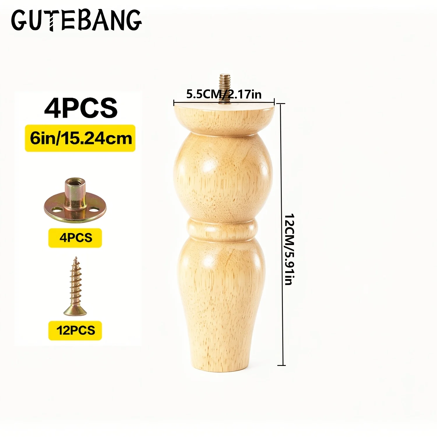 Rubber Wood Furniture Legs 6 Inch, Couch Feet Replacement, 4pcs