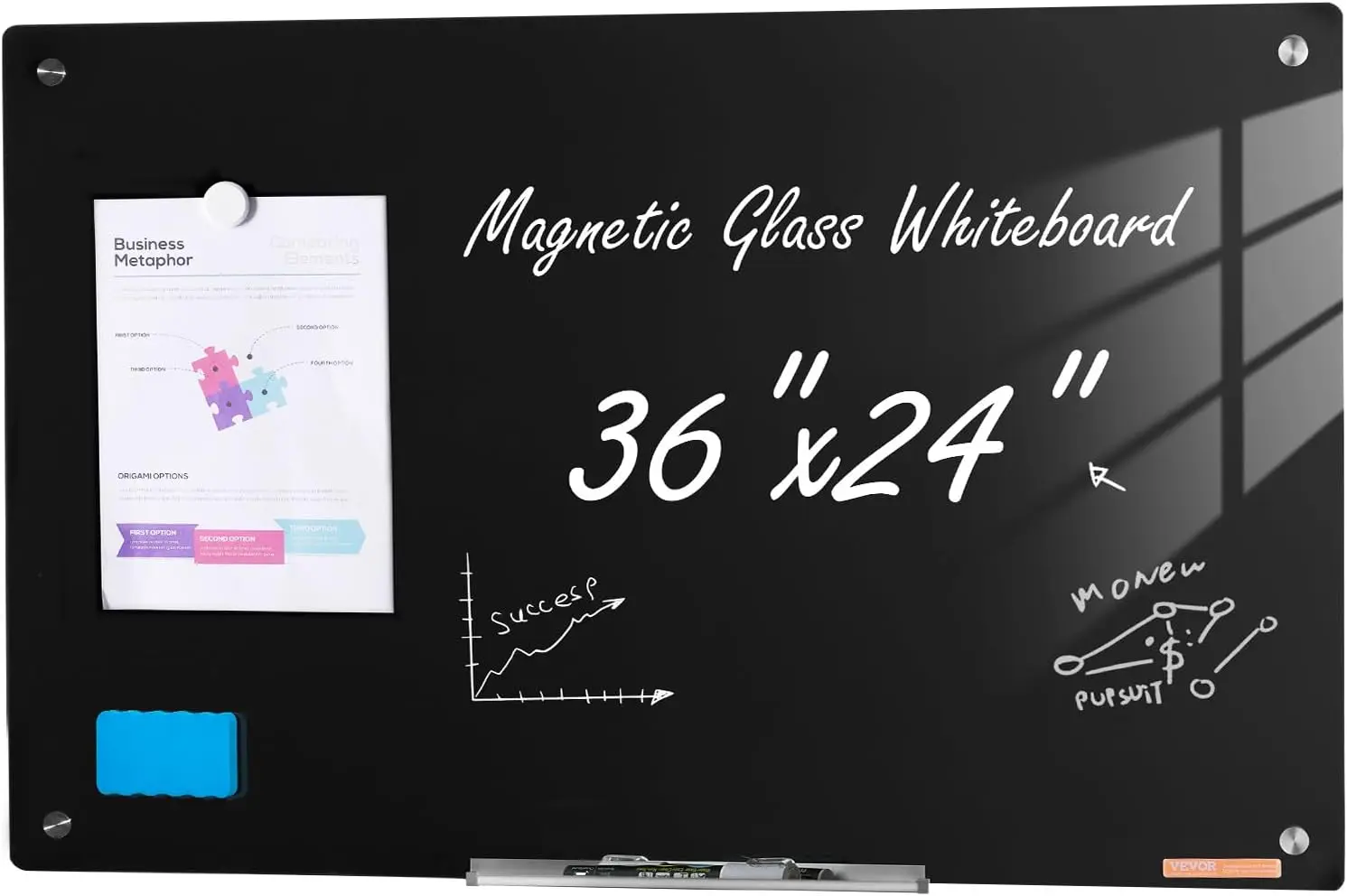 

36x24 Inch Magnetic Glass Whiteboard with Marker Tray, Eraser, and Markers for Home Office or School